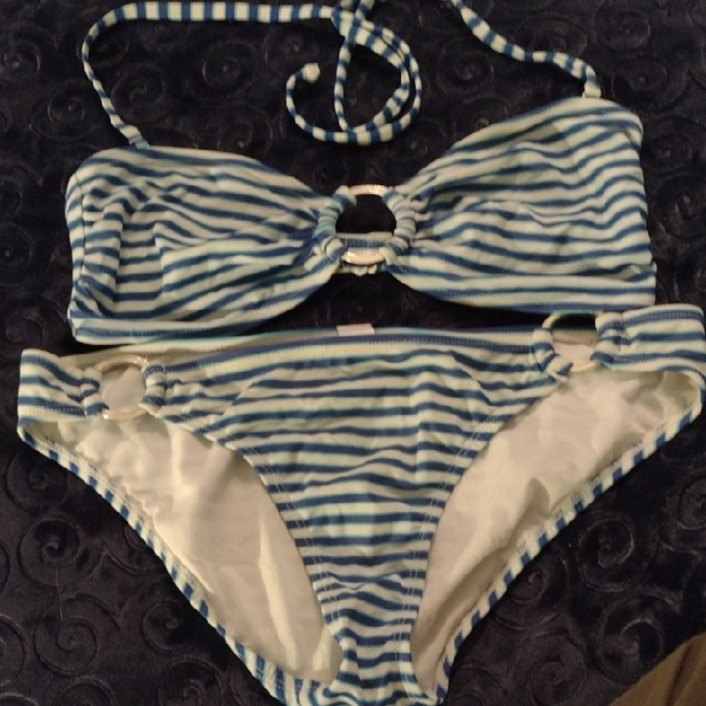 Old Navy 2 Piece Swimsuit Bikini, Blue,White Turquoise Stripes